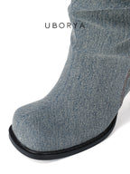 UBORYA Denim Slouchy Knee-High Boots with Black Buckle Straps