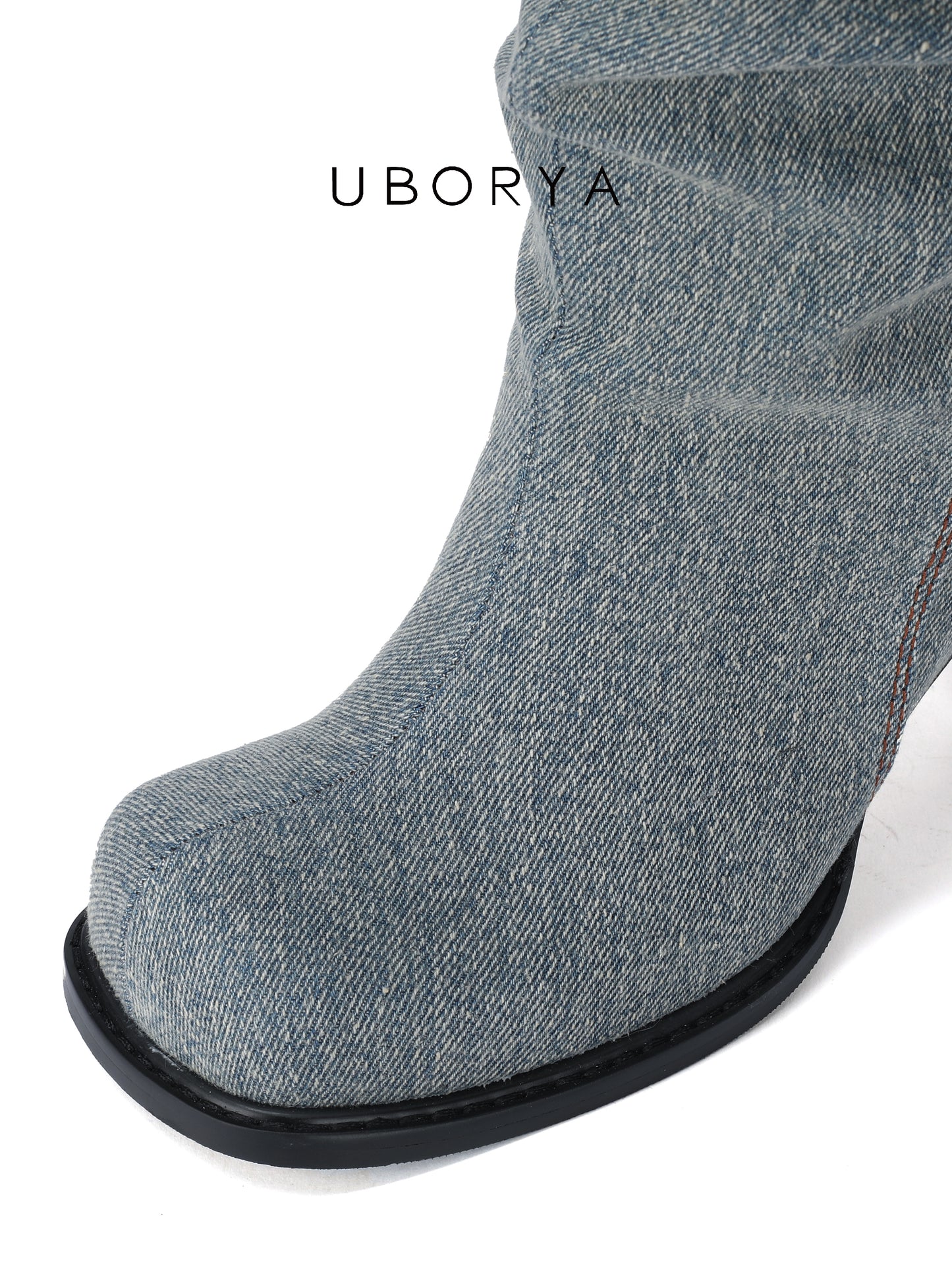 UBORYA Denim Slouchy Knee-High Boots with Black Buckle Straps – Sculptural Kitten Heel Boots for Women | Distressed Jean Booties | Avant-Garde Denim Punk Footwear