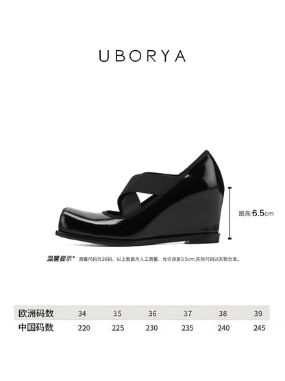 UBORYA Black Patent Square-Toe Wedge Pumps with Elastic Crisscross Straps – Architectural Heels for Women | Minimalist Avant-Garde Footwear | Sleek Power Wedges