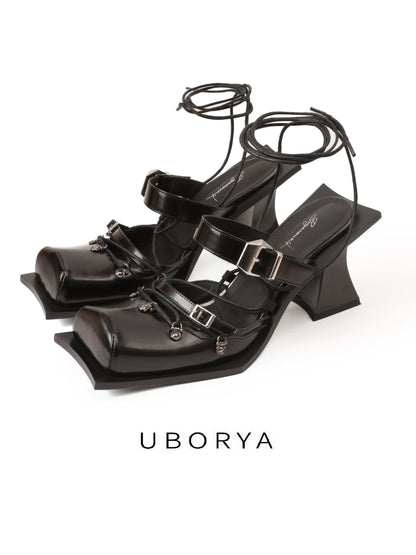 UBORYA Black Sculptural Platform Heels – Avant-Garde Mary Jane Pumps for Women | 10cm / 3.9in Block Heel | Glossy Patent Leather & Ankle Wrap | Edgy Gothic Evening Shoes