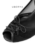 UBORYA Black Lace Slingback Peep-Toe Wedge Sandals with Bow Details