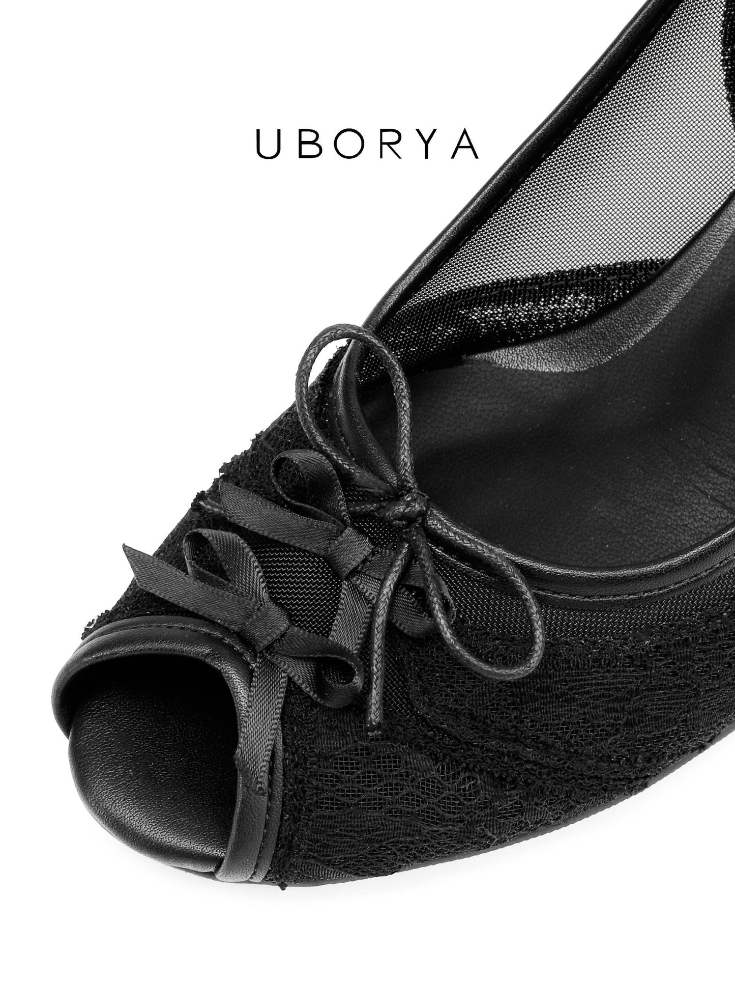 UBORYA Black Lace Slingback Peep-Toe Shoes with Bow Details – Low Wedge Heel Pumps for Women | Gothic Coquette Heels | Elegant Mesh Open-Toe Sandals