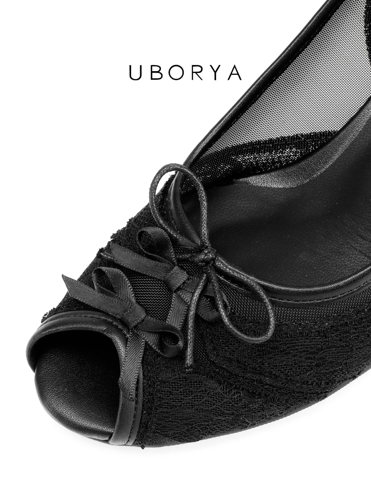 UBORYA Black Lace Slingback Peep-Toe Wedge Sandals with Bow Details