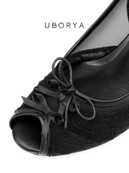 UBORYA Black Lace Slingback Peep-Toe Shoes with Bow Details – Low Wedge Heel Pumps for Women | Gothic Coquette Heels | Elegant Mesh Open-Toe Sandals
