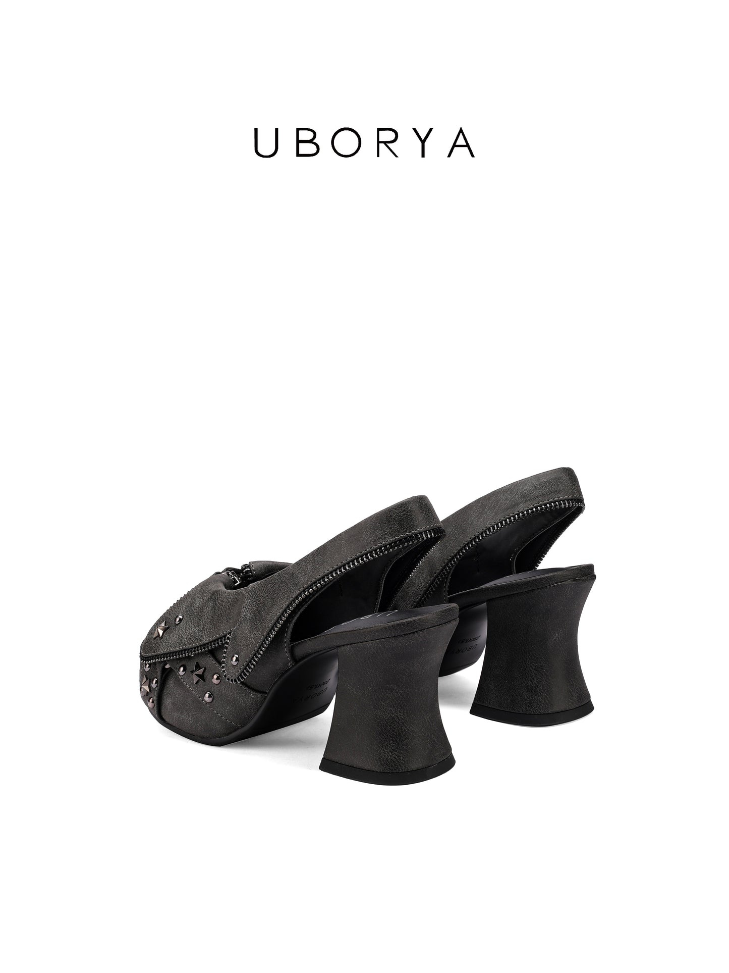 UBORYA Charcoal Grey Distressed Platform Slingback Heels - Peep Toe Star Stud Zipper Detail Sculptural Heel Sandals