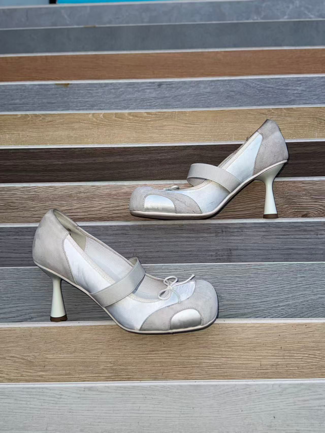 UBORYA Off-White Mary Jane Stiletto Heels - Suede Mesh Panel Round Toe Bow Detail Pumps