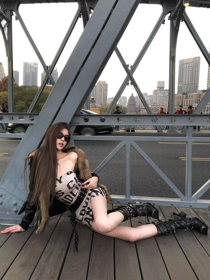 UBORYA Dark Brown Avant-Garde Knee-High Boots – Gothic Buckle & Stud Strap Combat Boots for Women | 7cm / 2.8in Geometric Heel | Metallic Bronze Leather | Edgy Statement Footwear