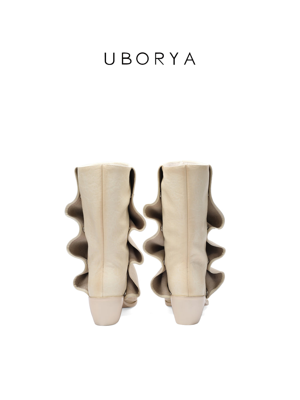 UBORYA Off White Sculptural Slouch Boots 6cm Block Heel Metal Eyelets Faux Leather