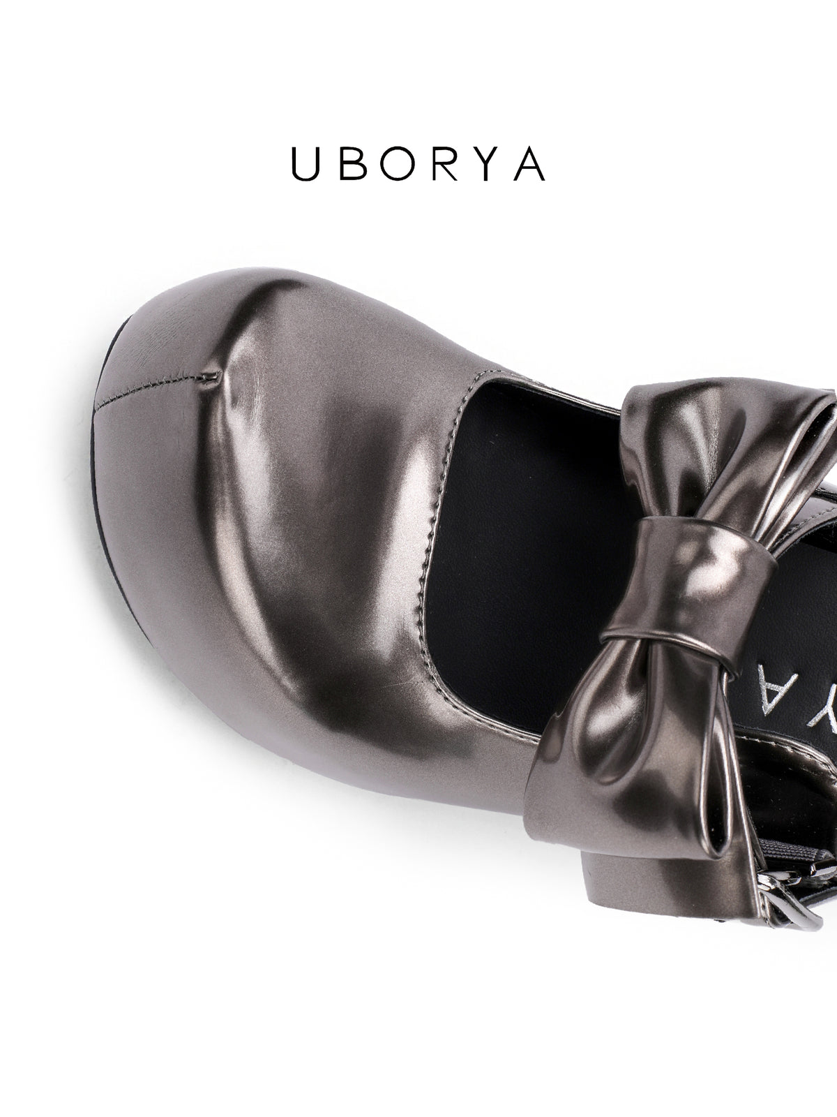 UBORYA Metallic Taupe Dark Academia Mary Jane Platform Heels, Oversized Bow & Buckle Square Toe