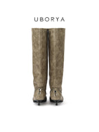 UBORYA Khaki Suede Slouchy Knee-High Boots with Bow Details