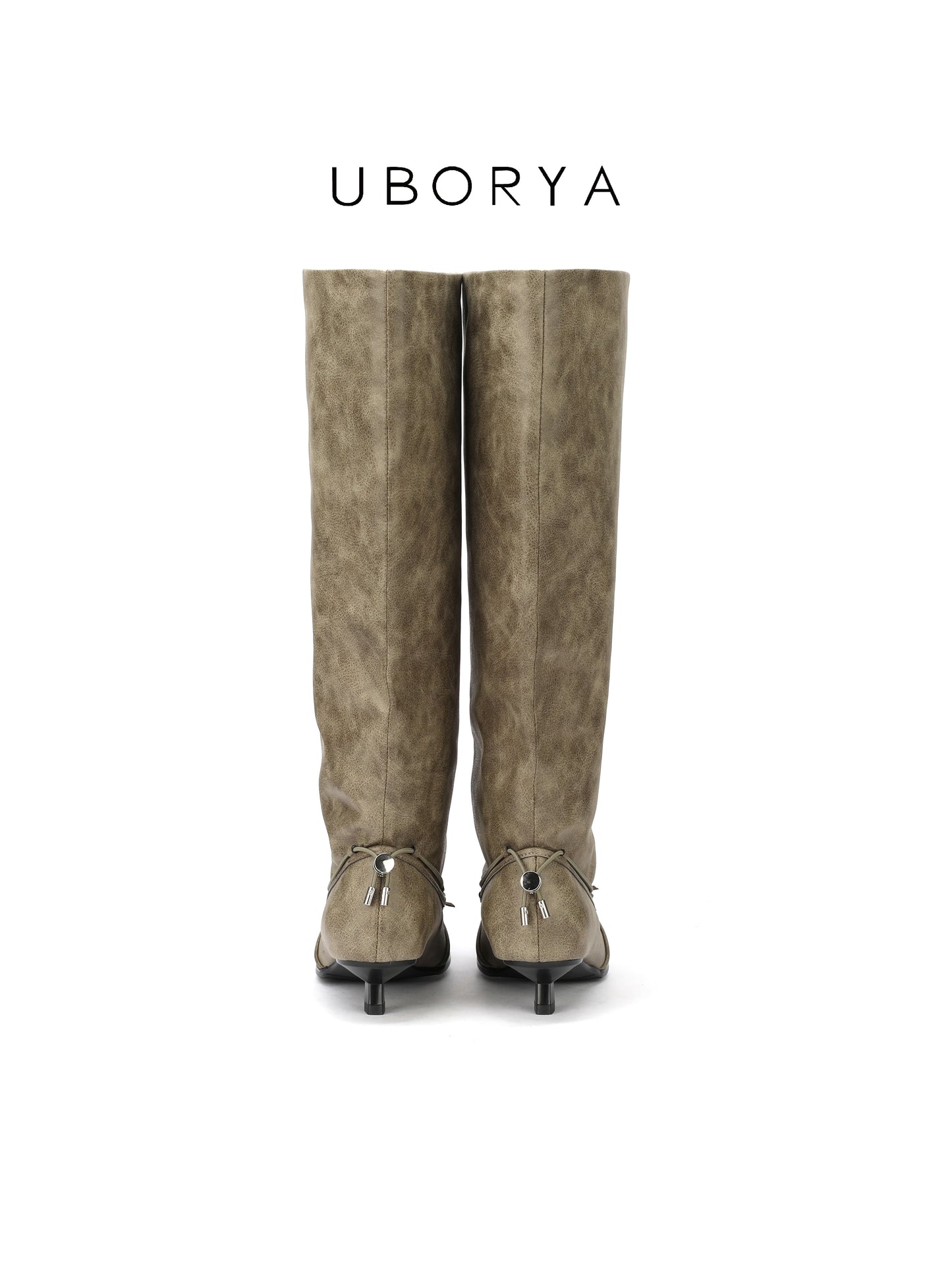 UBORYA Khaki Suede Slouchy Knee-High Boots with Bows – Square Toe Kitten Heel Boots for Women | Ruched Shaft | Side Zipper | Earthy Avant-Garde Booties