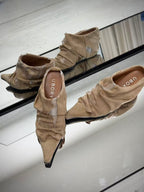 UBORYA Beige Pointed Toe Ankle Boots Ruched Texture Low Block Heel