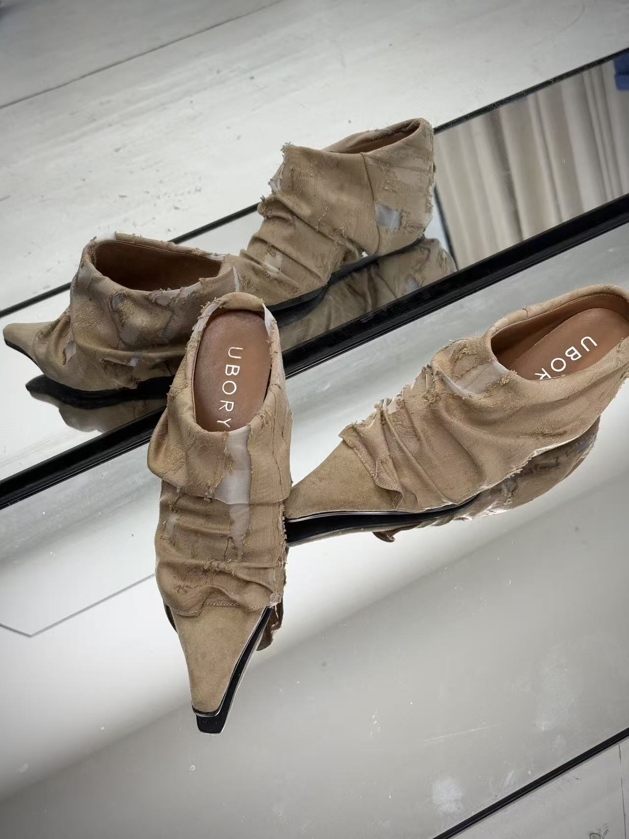 UBORYA Beige Deconstructed Pointed-Toe Ankle Boots with Ruched Texture & Low Block Heel — Avant-Garde Wabi-Sabi Boots for Minimalist, Editorial & Alternative Fashion