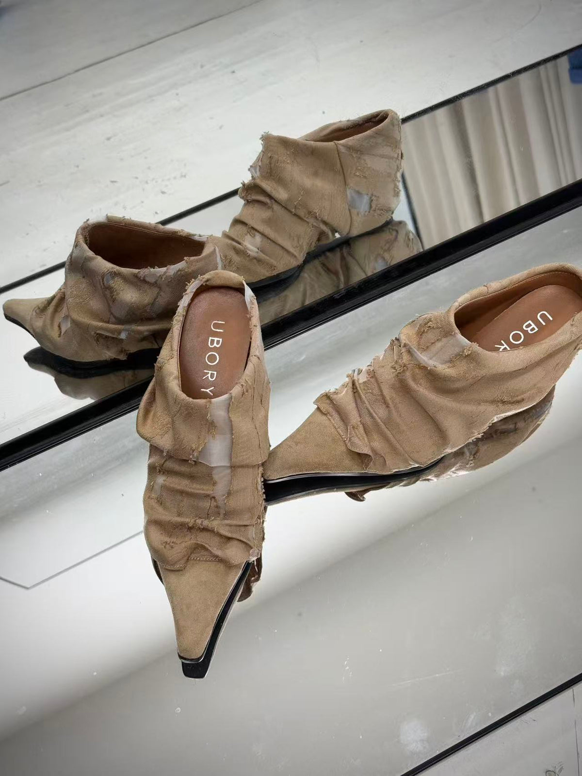 UBORYA Beige Pointed Toe Ankle Boots Ruched Texture Low Block Heel
