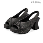 UBORYA Charcoal Grey Distressed Platform Slingback Heels with Star Studs