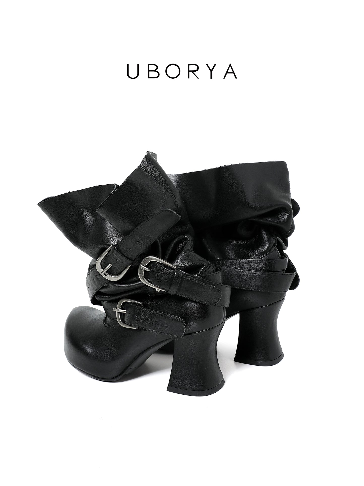 UBORYA Black Slouchy Ankle Boots with Buckle Straps – Sculptural Chunky Heel Platform Boots for Women | Square Toe | Ruched Shaft | Punk Avant-Garde Booties