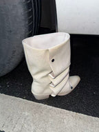 UBORYA Off White Sculptural Slouch Boots 6cm Block Heel Metal Eyelets Faux Leather