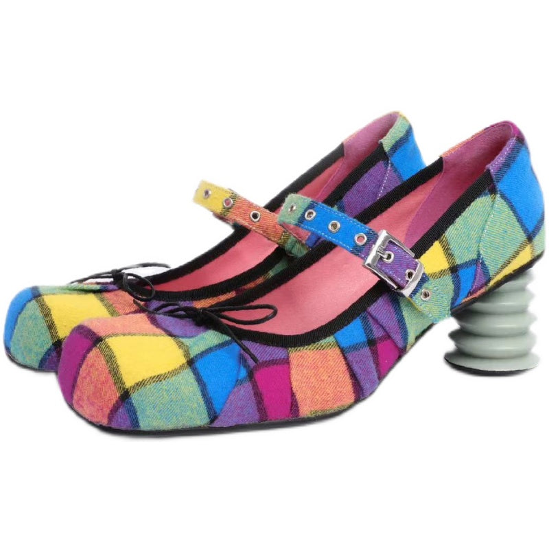 UBORYA Rainbow Plaid Mary Jane Pumps Colorful Tartan Wave Heel Y2K Platform Shoes