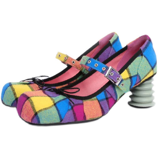 UBORYA Rainbow Plaid Mary Jane Pumps | Colorful Tartan Mary Janes with Unique Wave Heel | Y2K Avant-Garde Platform Shoes for Women