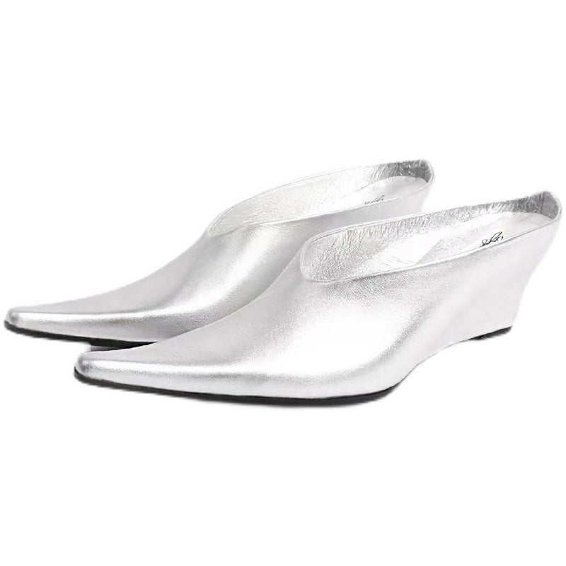 UBORYA Metallic Silver Pointed Toe Wedge Mules Y2K Avant‑Garde Kitten Heel