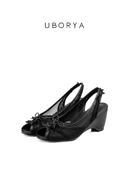 UBORYA Black Lace Slingback Peep-Toe Shoes with Bow Details – Low Wedge Heel Pumps for Women | Gothic Coquette Heels | Elegant Mesh Open-Toe Sandals