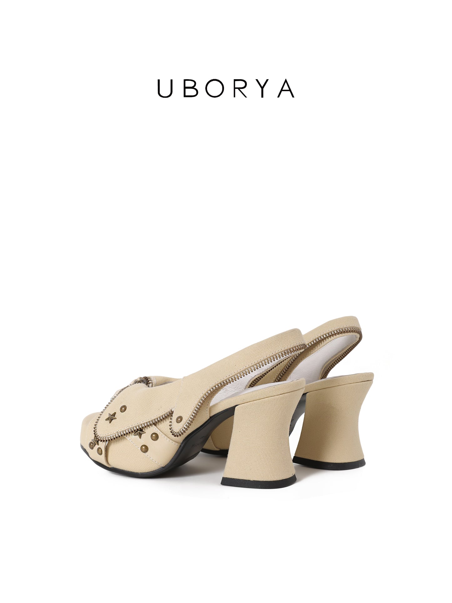 UBORYA Beige Canvas Platform Slingback Heels - Peep Toe Star Stud Zipper Detail Sculptural Heel Sandals