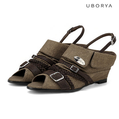 UBORYA Olive Khaki Slingback Peep-Toe Shoes with Braided Straps & Silver Buckles – Low Wedge Heel Pumps for Women | Boho Utility Cuff Sandals | Vintage Rustic Footwear
