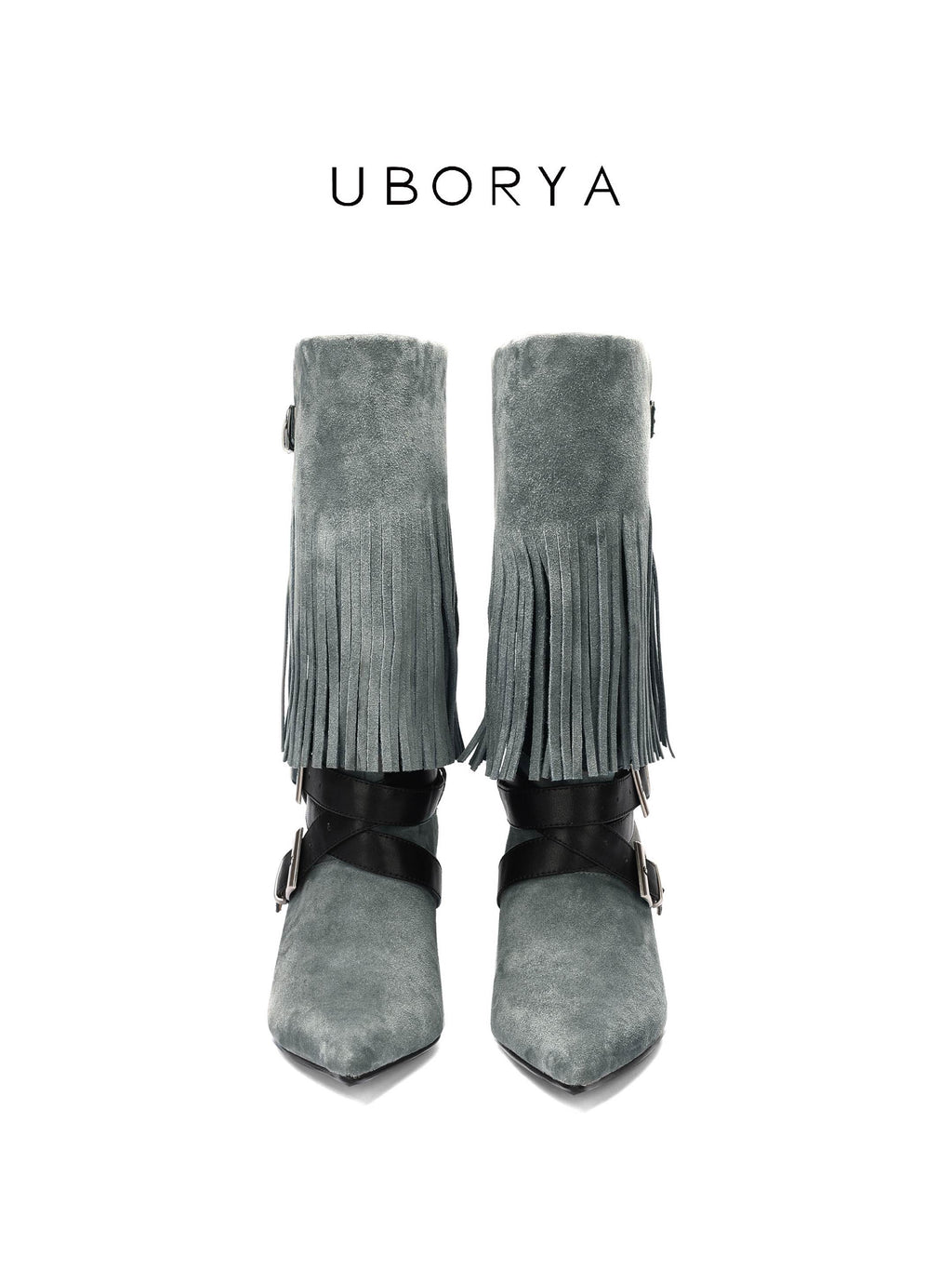 UBORYA Grey Blue Suede Fringe Mid-Calf Boots with Buckle Straps