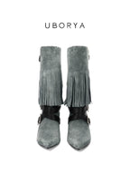UBORYA Grey Blue Suede Fringe Mid-Calf Boots with Buckle Straps