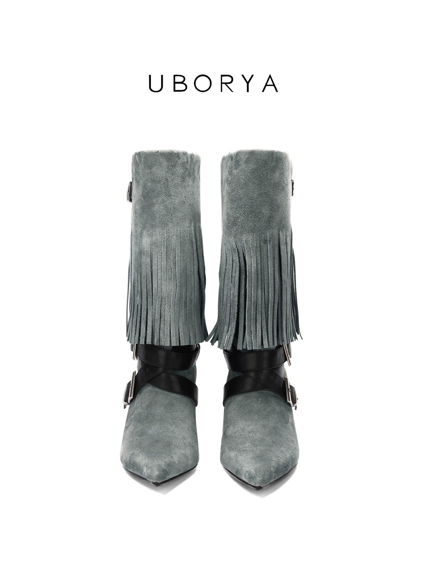UBORYA Grey Blue Suede Fringe Mid-Calf Boots with Buckle Straps – Sculptural Wedge Heel Boots for Women | Pointed Toe | Western Avant-Garde Booties