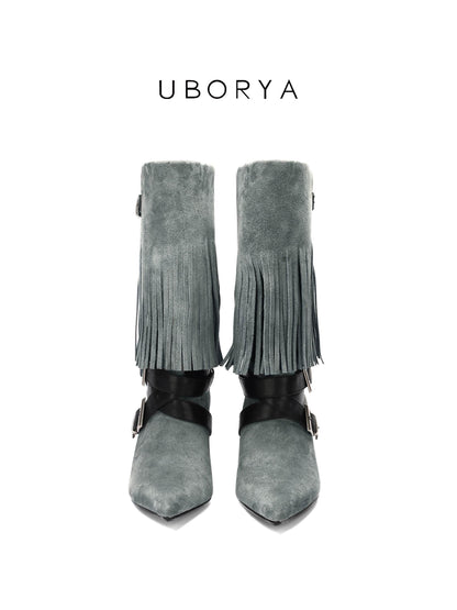 UBORYA Grey Blue Suede Fringe Mid-Calf Boots with Buckle Straps – Sculptural Wedge Heel Boots for Women | Pointed Toe | Western Avant-Garde Booties