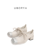 UBORYA Off White Leather Lace Up Oxfords Silver Toe Cap Block Heel Shoes