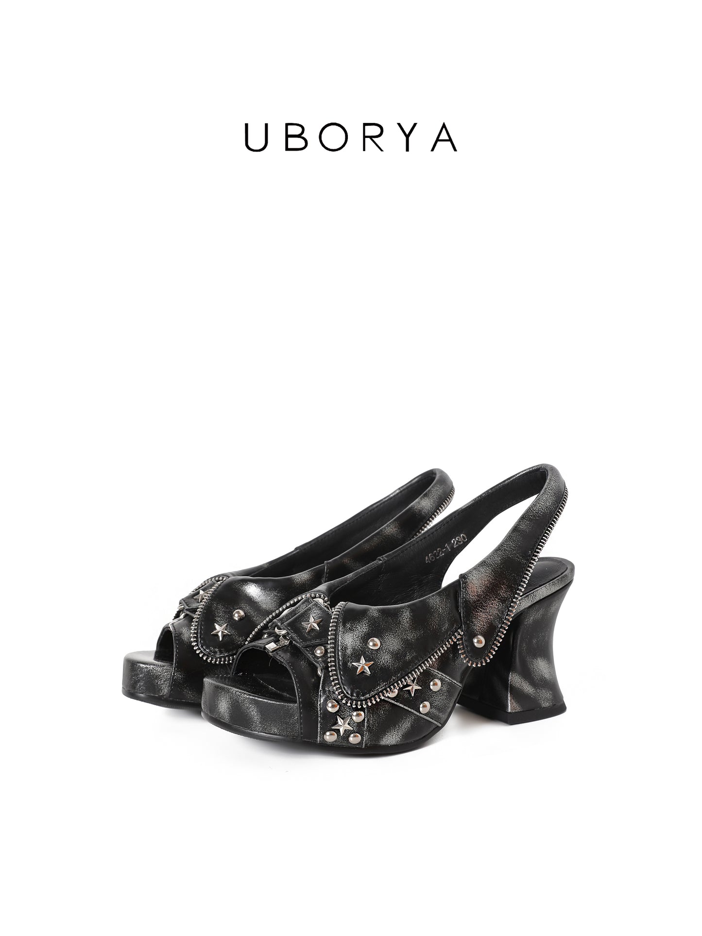 UBORYA Distressed Black Platform Slingback Heels - Peep Toe Star Stud Zipper Detail Sculptural Heel Sandals