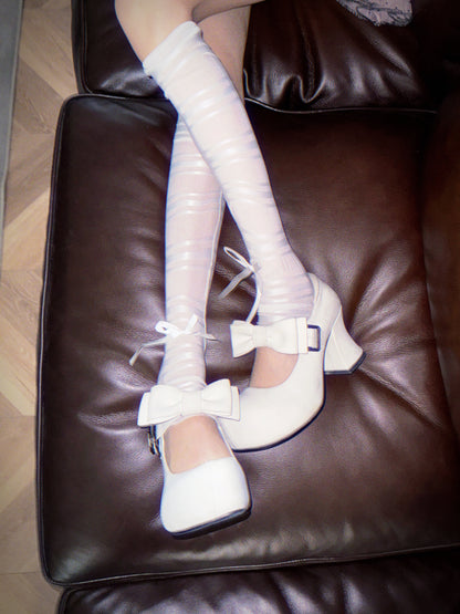 UBORYA White Bow Mary Jane Platform Heels – Sweet Kawaii Block Heel Shoes for Women | 8cm / 3.15in Chunky Heel | Oversized Bow & Buckle Detail | Round Toe Pumps