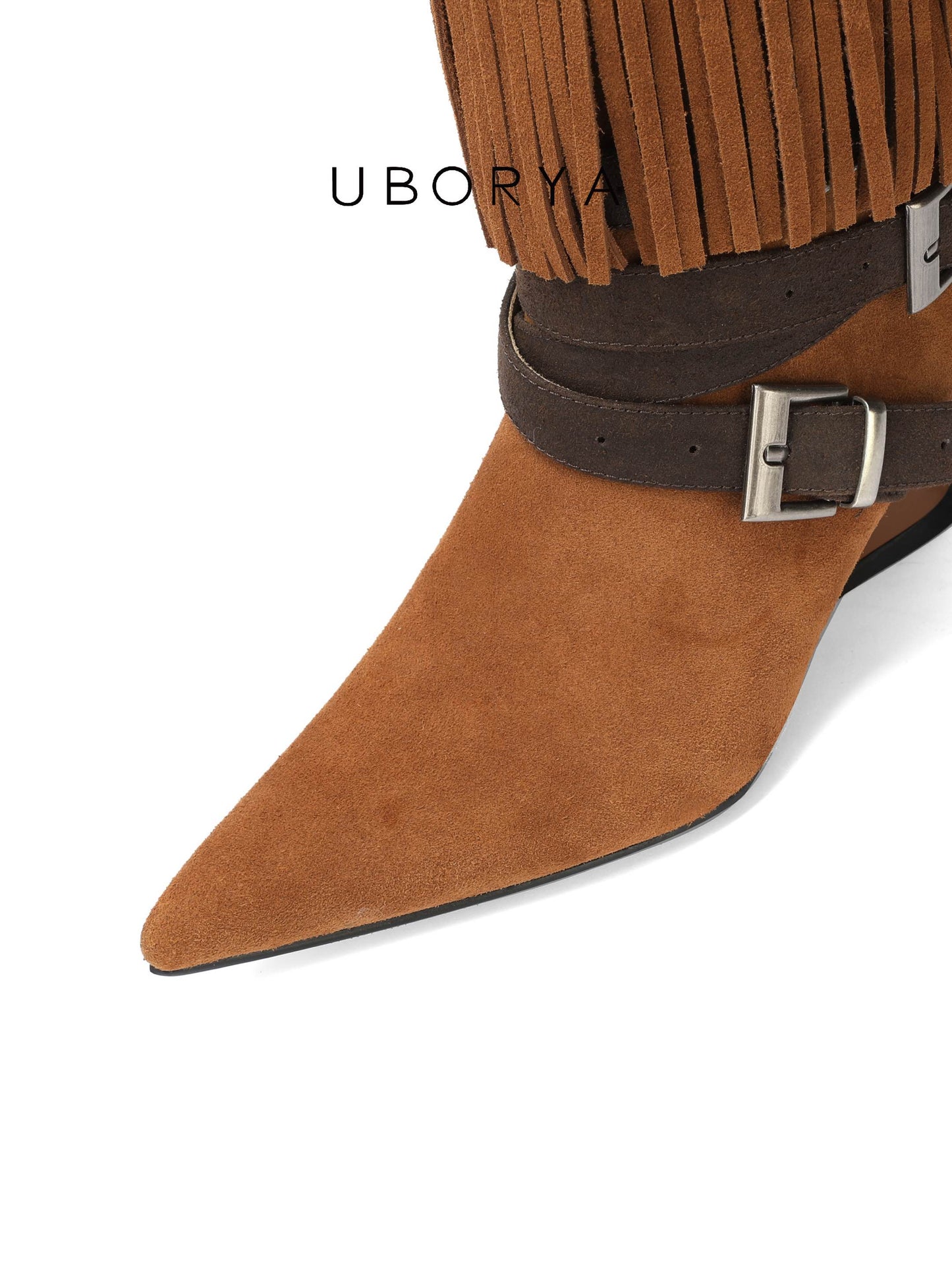 UBORYA Tan Suede Fringe Mid-Calf Boots with Buckle Straps – Sculptural Wedge Heel Boots for Women | Pointed Toe | Western Boho Booties
