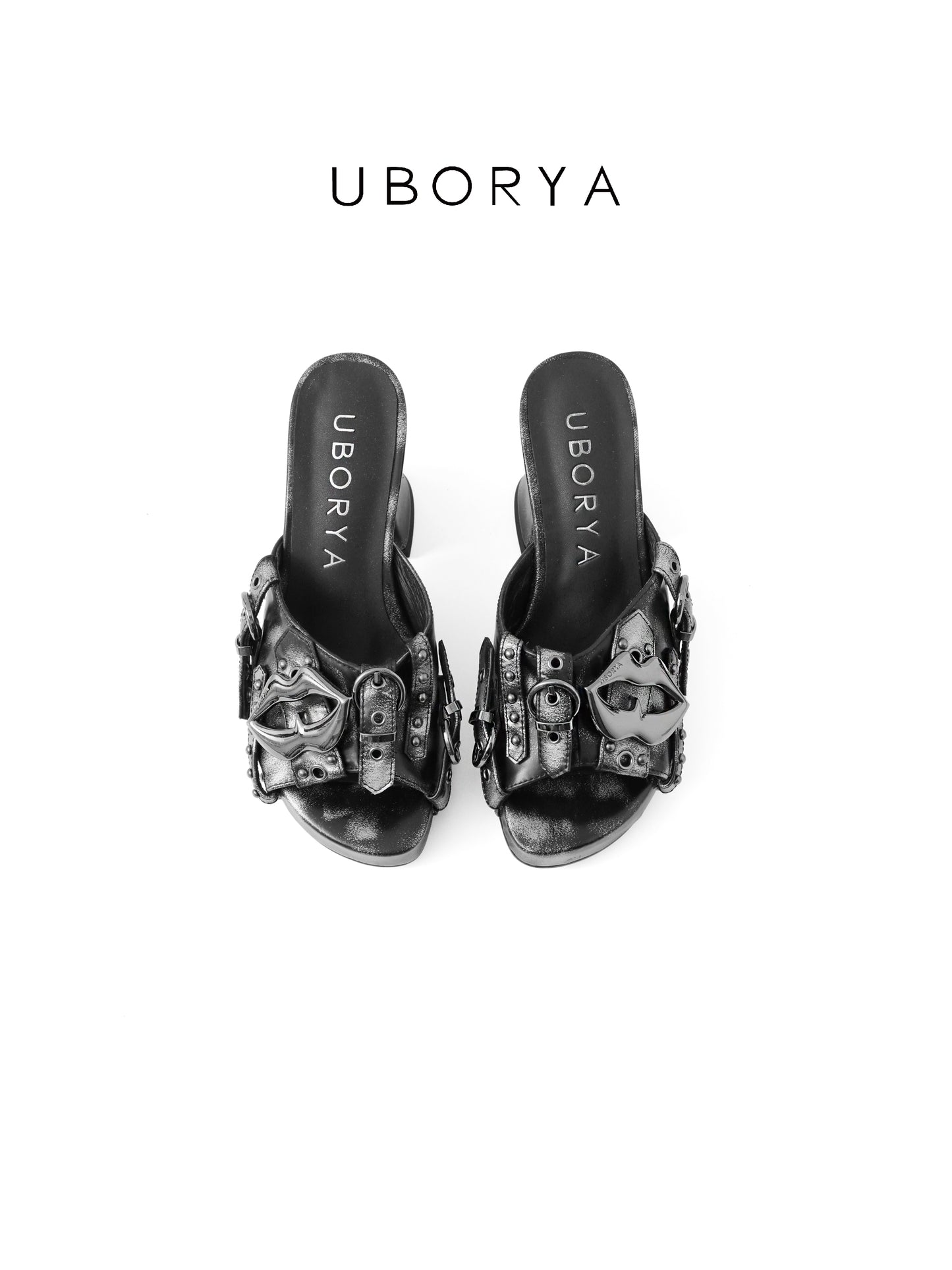 UBORYA Distressed Black Platform Mule Heels - Lip Buckle Stud Detail Peep Toe Sculptural Heel Slides