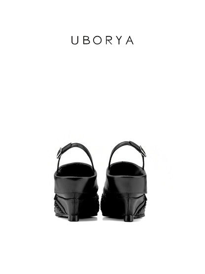 UBORYA Black Leather Slingback Peep-Toe Shoes with Braided Straps & Silver Buckles – Low Wedge Heel Pumps for Women | Edgy Utility Sandals | Punk Glam Footwear