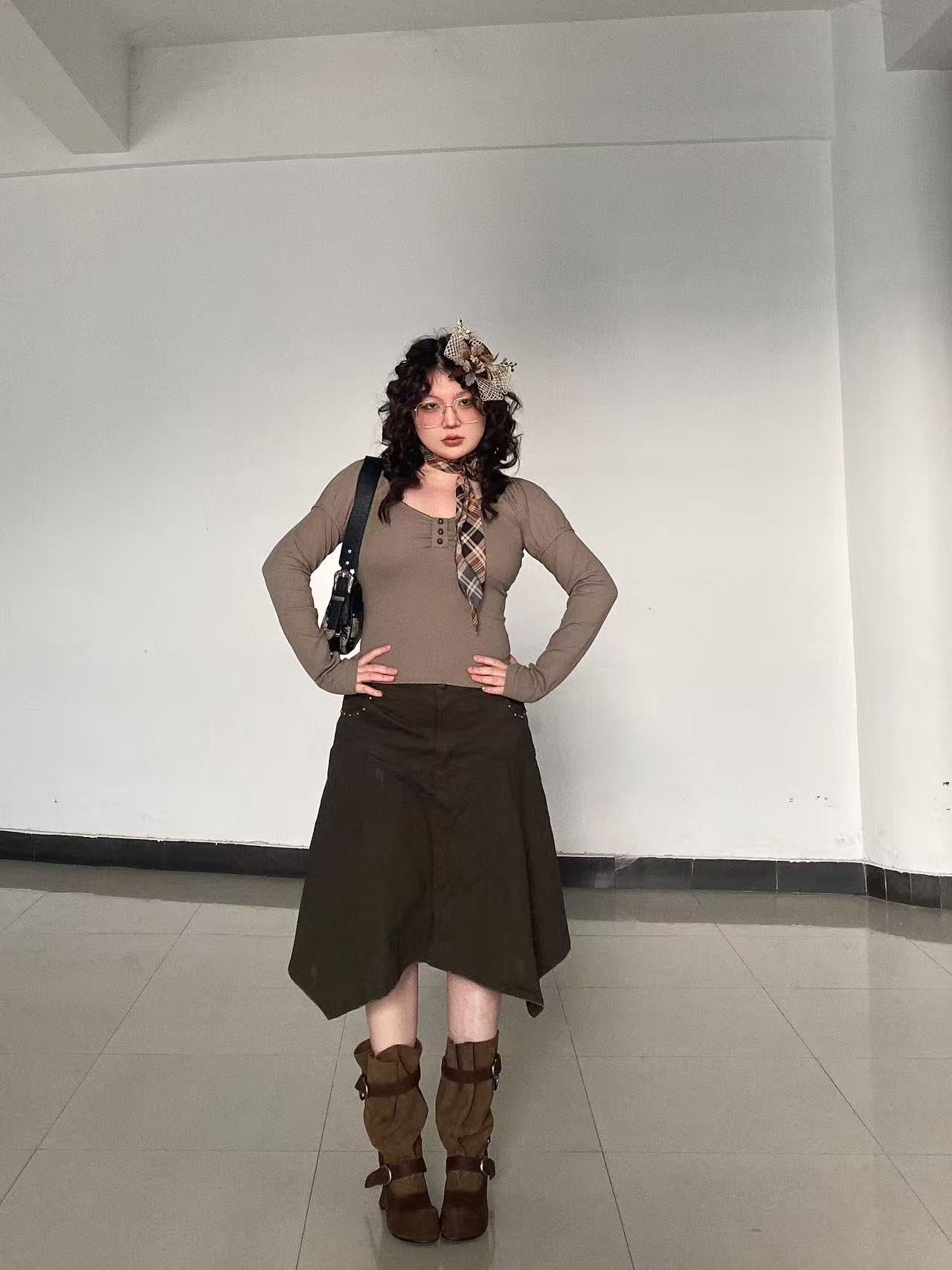 UBORYA Brown Suede Slouchy Ankle Boots with Buckle Straps – Sculptural Chunky Heel Boots for Women | Ruched Shaft | Square Toe | Western Punk Booties