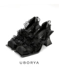 UBORYA Black Lace Gothic Romantic Sculptural Open‑Toe Heels 8cm
