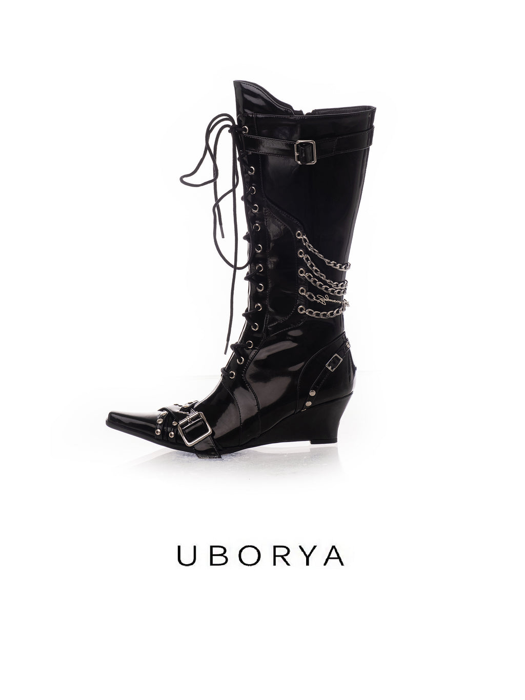 UBORYA Black Patent Leather Knee High Wedge Boots Lace Up Chain Buckle Punk Boots