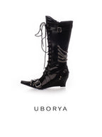 UBORYA Black Patent Leather Knee High Wedge Boots Lace Up Chain Buckle Punk Boots