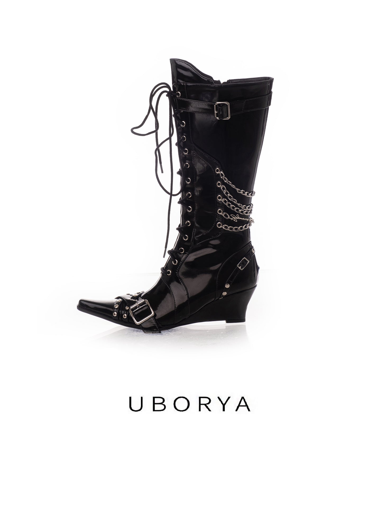 UBORYA Black Patent Leather Knee-High Wedge Boots - Lace-Up Chain Buckle Punk Gothic Tall Boots