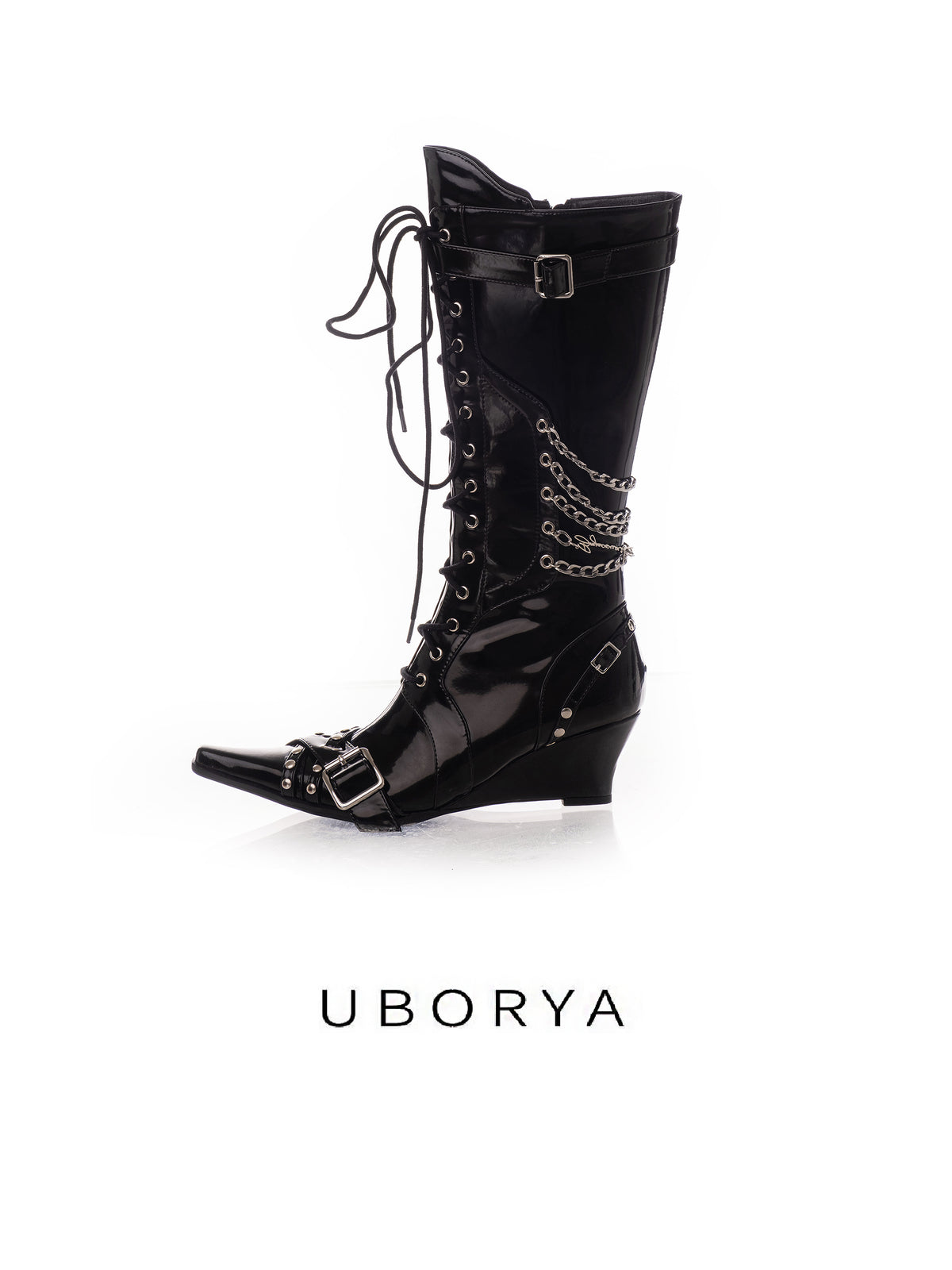 UBORYA Black Patent Leather Knee High Wedge Boots Lace Up Chain Buckle Punk Boots