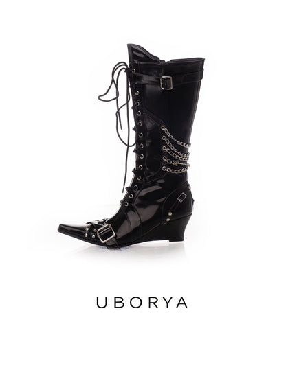 UBORYA Black Patent Leather Knee-High Wedge Boots - Lace-Up Chain Buckle Punk Gothic Tall Boots