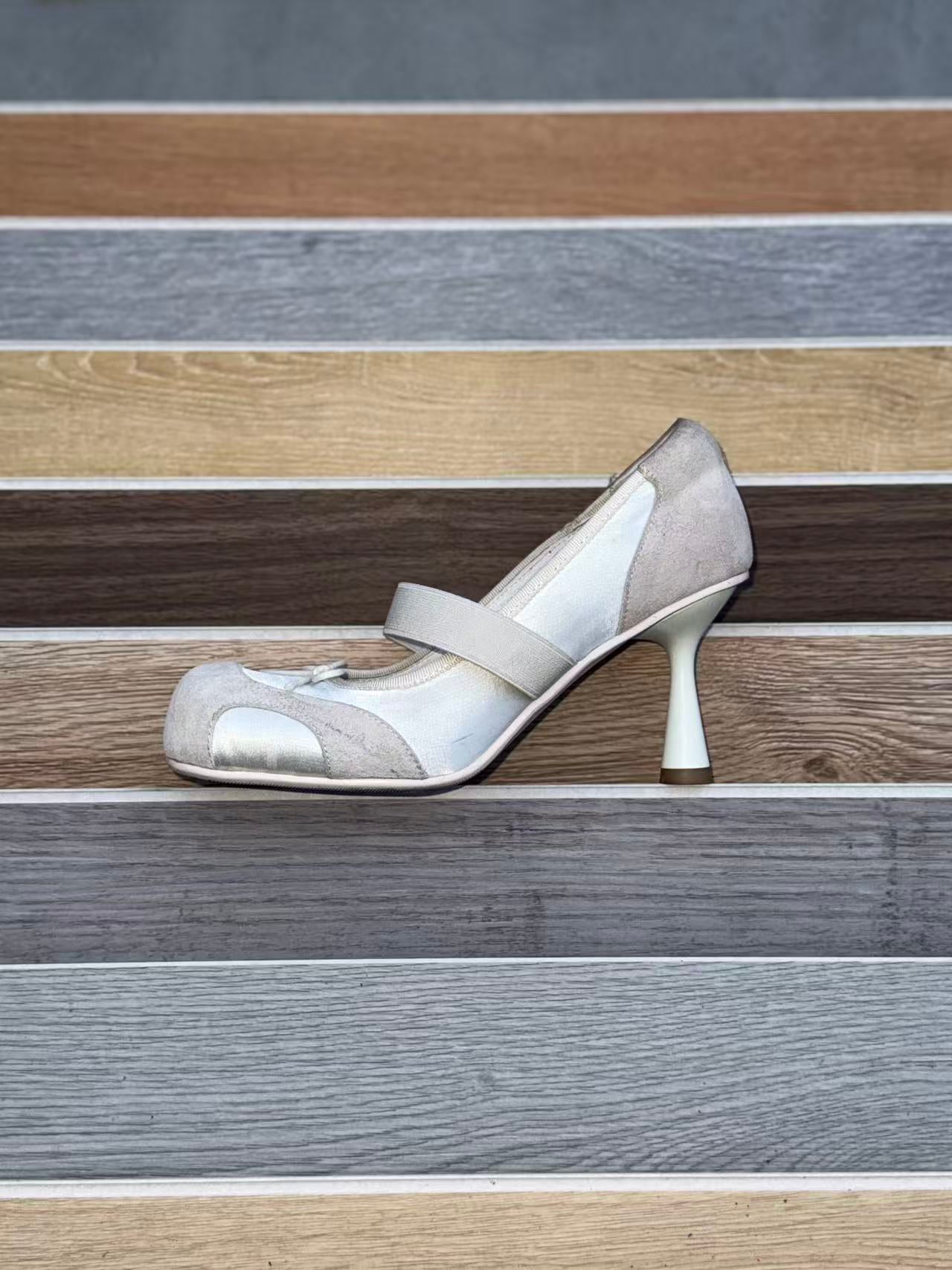 UBORYA Off-White Mary Jane Stiletto Heels - Suede Mesh Panel Round Toe Bow Detail Pumps