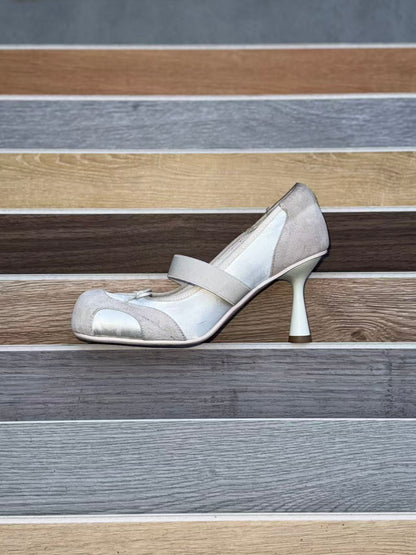 UBORYA Off-White Mary Jane Stiletto Heels - Suede Mesh Panel Round Toe Bow Detail Pumps