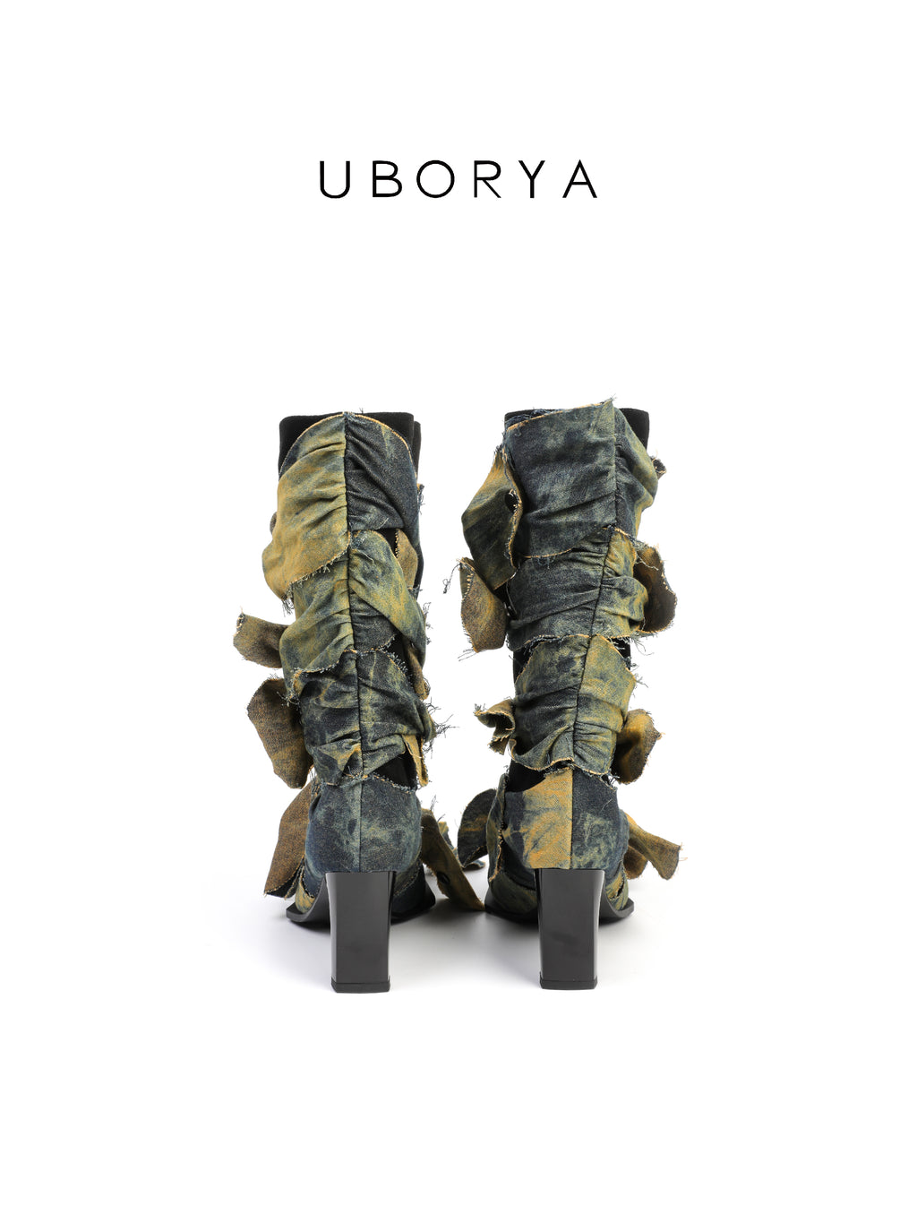 UBORYA Deconstructed Denim Wrap Boots Black Suede Patchwork Woven 6cm Block Heel