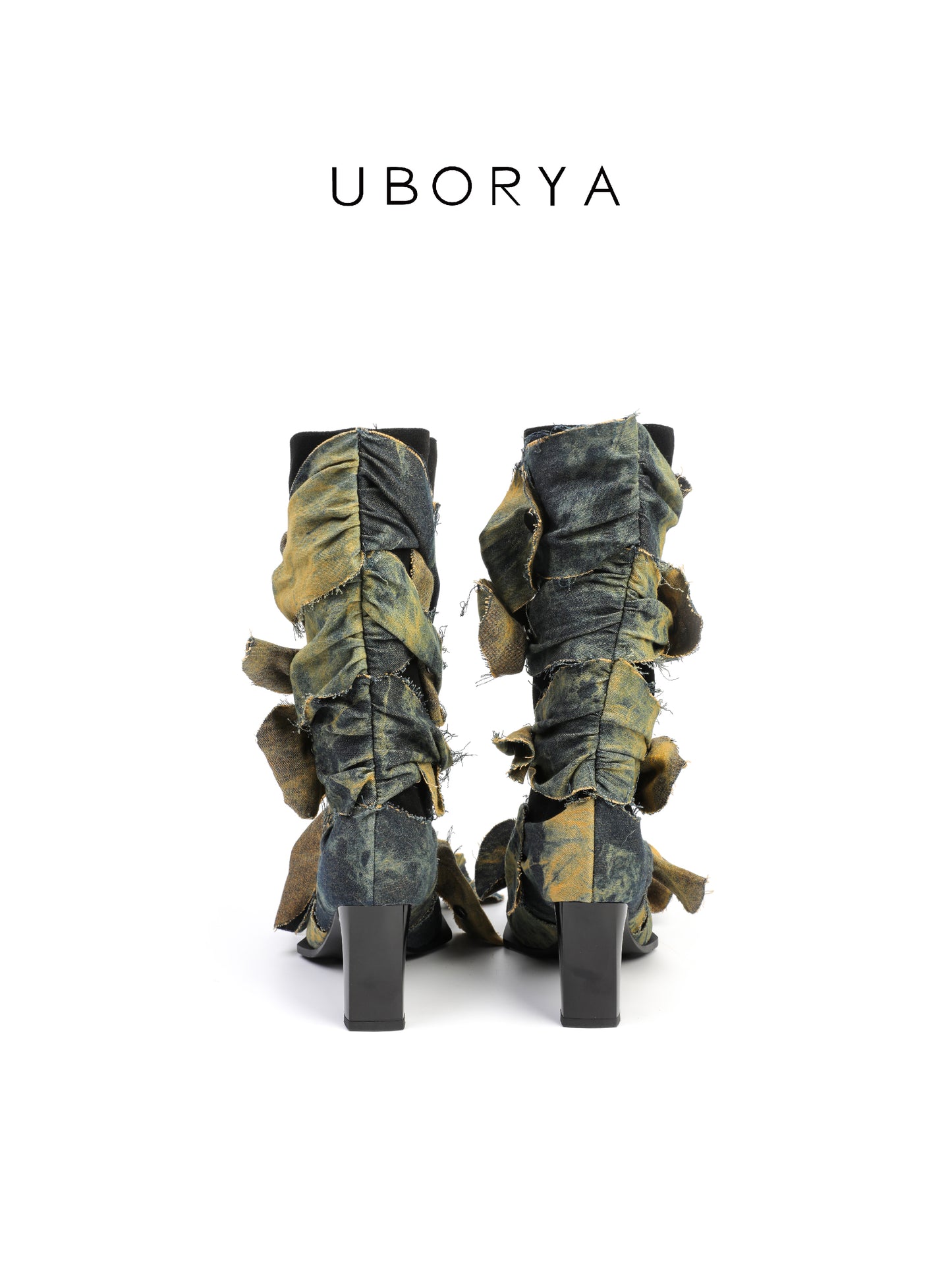 UBORYA Deconstructed Denim Wrap Boots | Black Suede & Patchwork Woven Mid-Calf Boots for Women | 6cm Block Heel | Niche Avant-Garde Edgy Boots