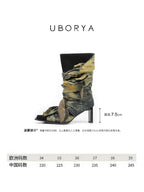 UBORYA Deconstructed Denim Wrap Boots Black Suede Patchwork Woven 6cm Block Heel