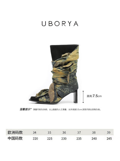 UBORYA Deconstructed Denim Wrap Boots | Black Suede & Patchwork Woven Mid-Calf Boots for Women | 6cm Block Heel | Niche Avant-Garde Edgy Boots